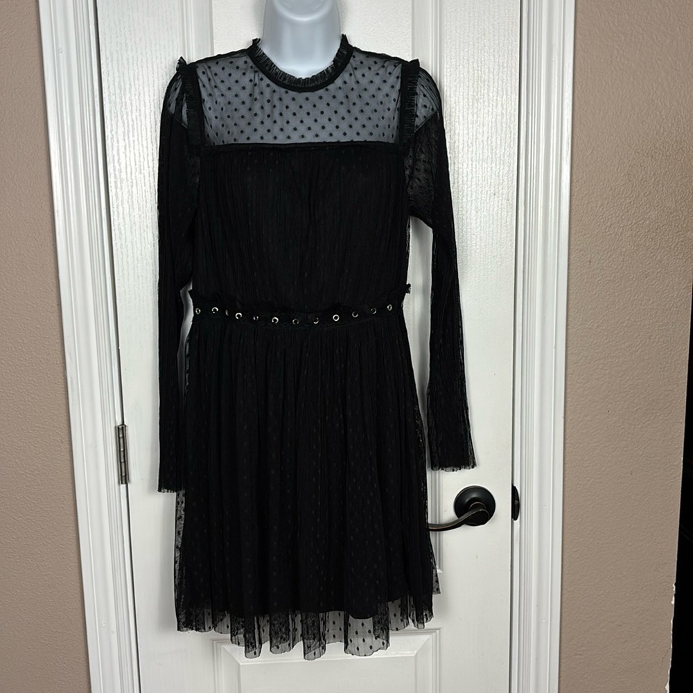 Forever 21 Black Swiss Dot Lace Mini Dress Grommet Waist Goth Mesh‎ L